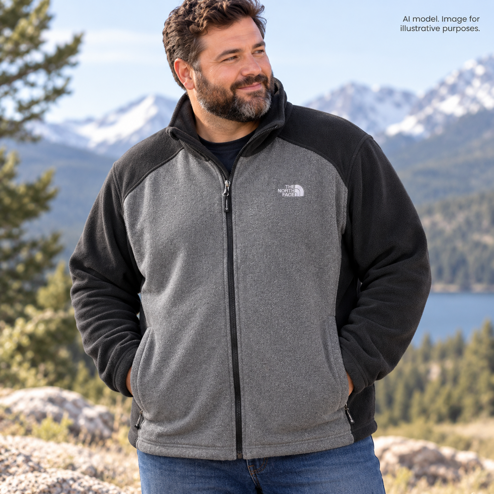 The North Face Jacket Mens XXL Gray Black Fleece Full Zip Pockets Mock Neck Logo